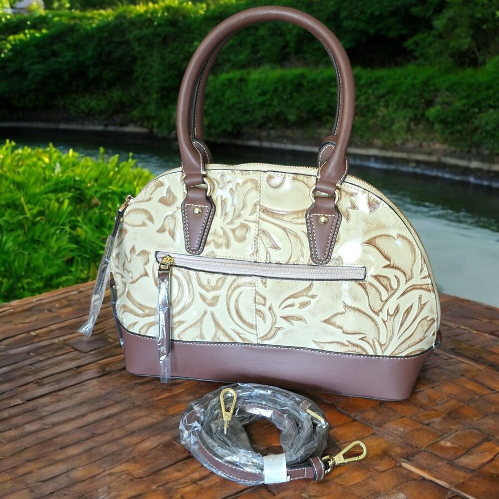 NWT M.C. HANDBAGS Liz Embossed Leather Dome Satchel Shoulder Bag